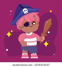 Illustration of a child in a pirate costume with eyepatch and sword Vector illustration