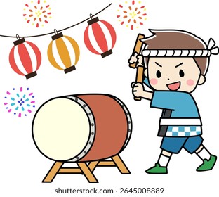 Ilustração de uma criança tocando um tambor em um festival de verão