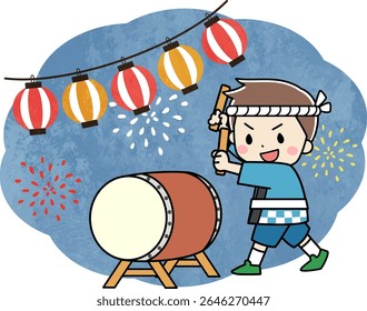 Ilustração de uma criança tocando um tambor em um festival de verão