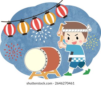 Illustration of a child playing a drum at a summer festival
