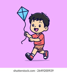 Ilustração Criança Jogando Pipa. Menino bonito tocando uma ilustração de pipa. Criança Vetor Jogando Pipa.