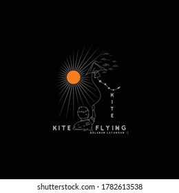 
illustration of a child playing a kite outside the house in the summer and with a black background color
