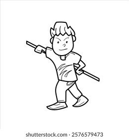 illustration of a child playing with sticks, cartoon, black and white, good for children's coloring teaching materials, vector format