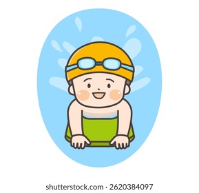Illustration of a child practicing flutter kicks using a kickboard.