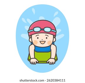 Illustration of a child practicing swimming with a kickboard.