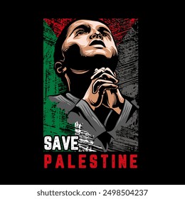 illustration of a child praying that the war will end soon with the Palestinian flag as a background, t-shirt design