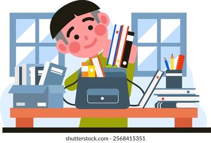 Illustration of a child preparing his school bag vector design school theme with a flat and colorful design blend