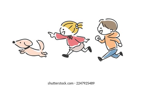 Illustration of a child and a puppy running.