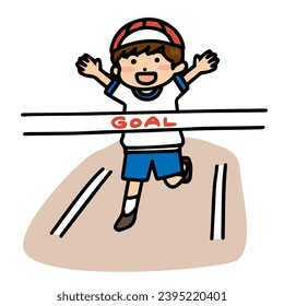 Illustration of a child reaching the finish line in a race. Vector illustration on white background.