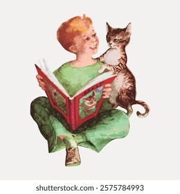 Illustration of a child reading a book with a cat. The child, with short hair, smiles at the cat. The book features a cat on the cover. Playful scene. Vintage illustration isolated on white, vector.