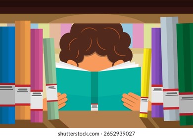 Illustration of a child reading a book in a library from the perspective of a gap in the bookshelf