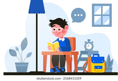 Illustration of a child reading a book vector design school theme with a flat and colorful design blend