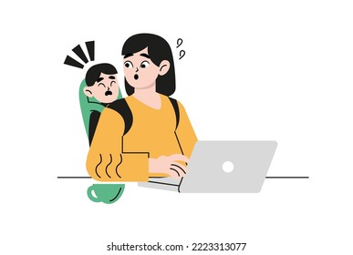 Illustration of child rearing. Thinking, absentmindedness, motivation, fatigue, fatigue, busyness, children, crying, telework. 