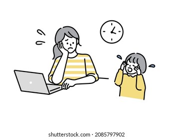 illustration of child rearing.Thinking, absentmindedness, motivation, fatigue, fatigue, busyness, children, crying, telework.	