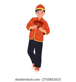 Illustration of a child receiving a red envelope for Chinese New Year.