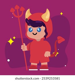 Illustration of a child in a red devil costume with horns and trident Vector illustration