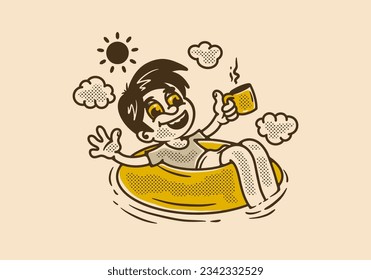 illustration of a child relaxes on a lifebuoy with his hand holding a cup of coffee, design in vintage style