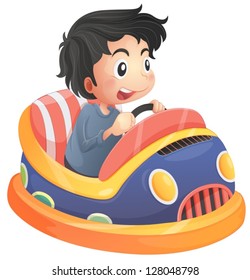 Illustration of a child riding in a bumpcar on a white background