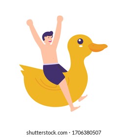illustration of a child riding a giant rubber duck. flat design 