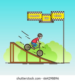 Illustration of a child riding on the balance bike from a ramp	

