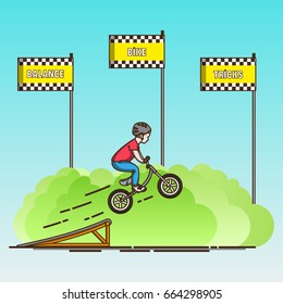 Illustration of a child riding on the balance bike from a ramp	

