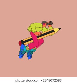 Illustration of child riding on a pencil. Back to school concept.