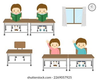 Illustration of a child in a school classroom (reading a textbook, raising hand)