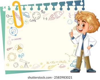 Illustration of a child scientist with science doodles