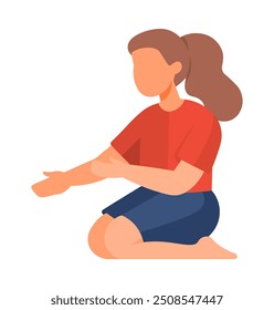 Illustration of a child seated, gesturing with hands. Themes include children, education, guidance, and body language. Ideal for educational materials, child development, and guidance content.