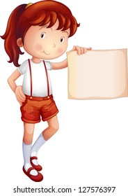 Illustration of a child showing a piece of paper on a white background