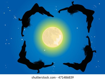 ilustração com silhuetas infantis em torno da lua