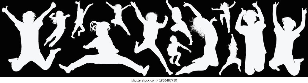 illustration with child silhouettes collection isolated on black background