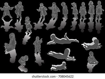 illustration with child silhouettes collection isolated on black background