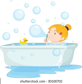 an illustration of a child sitting in a bath playing