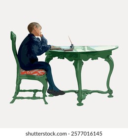 Illustration of a child sitting at a green table, writing. The child is focused, sitting at the table, engaged in writing. Green table, writing child. Vintage illustration isolated on white, vector.