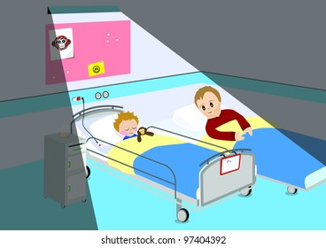 Illustration of child sleeping in hospital with his father. All vector objects and details are isolated and grouped. This illustration is a part of a story about a child in hospital.