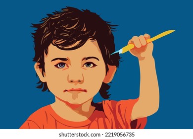 Illustration of a child smiling. boy in the background, boy blue eyes, holding a pencil