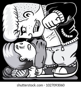 Illustration of a child suffering bullying from a quarrelsome bully, black and white. Ideal for catalogs, information and institutional material