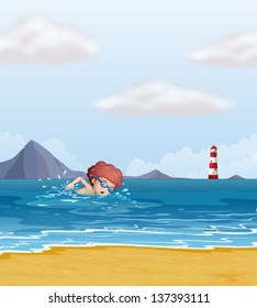 Illustration of a child swimming at the beach