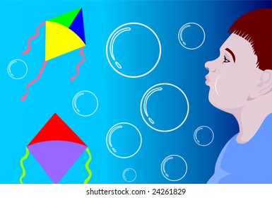 Illustration of child with two kites	