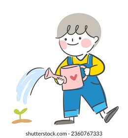 Ilustración de un niño regando un brote con una lata de agua.