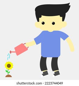 illustration of a child watering sunflower in cartoon style, flat vector