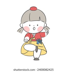 An illustration of a child wearing a hanbok playing jegichagi(A Shuttlecock game).