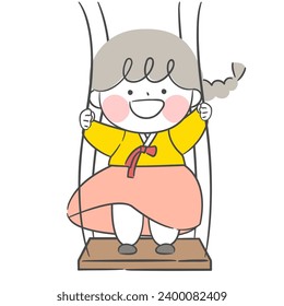 An illustration of a child wearing a hanbok riding a swing.