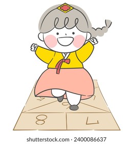 An illustration of a child wearing hanbok who is playing a game of picking the ground.