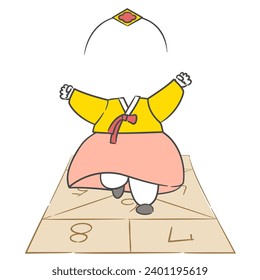 An illustration of a child wearing hanbok who is playing a game of picking the ground with a cutout for compositing a face.
