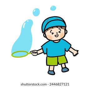 Illustration of a child wearing a hat playing with soap bubbles.