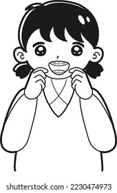 Illustration of a child wearing an orthodontic wire (black and white)