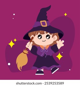 Illustration of a child wearing a witch costume with hat and broom Vector illustration