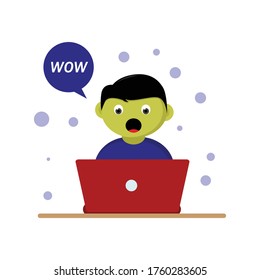 illustration of a child who was amazed when he saw his laptop
